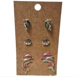 Set of 3 Dolphin Stud Earring Pairs – Silver & Iridescent